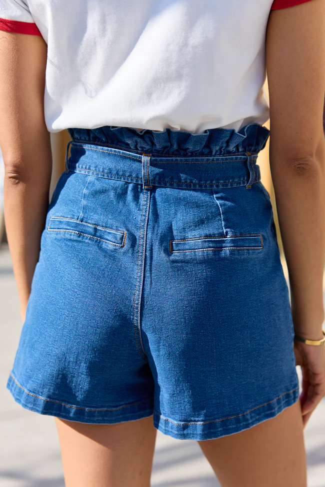 What's New Dark Wash Paperbag Waist Belted Denim Shorts - Image 4