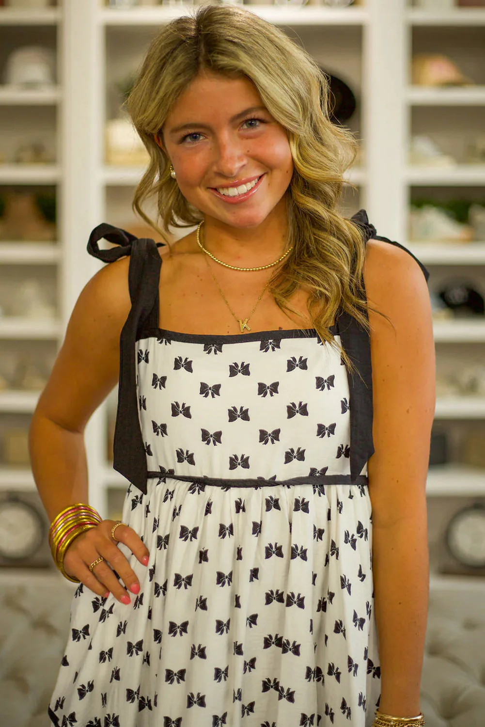 White Bow Contrast Trim Knotted Shoulder Mini Dress - Image 6