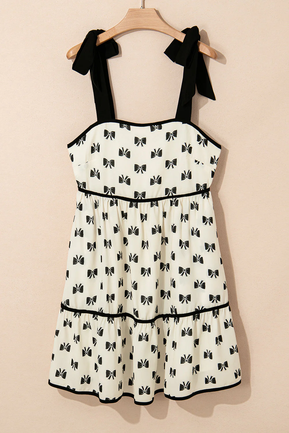 White Bow Contrast Trim Knotted Shoulder Mini Dress - Image 7