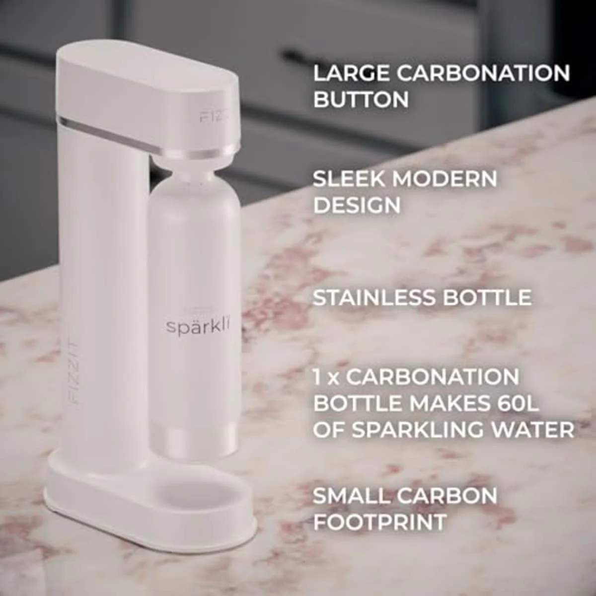 White Fizzit Spärklï Stainless Steel Sparkling Water Maker with 2 CO2 Cylinders & 1L Reusable Bottle – Soda Streaming Machine Carbonated Water Maker for Home – No Electricity Needed, Dishwasher Safe - Image 2