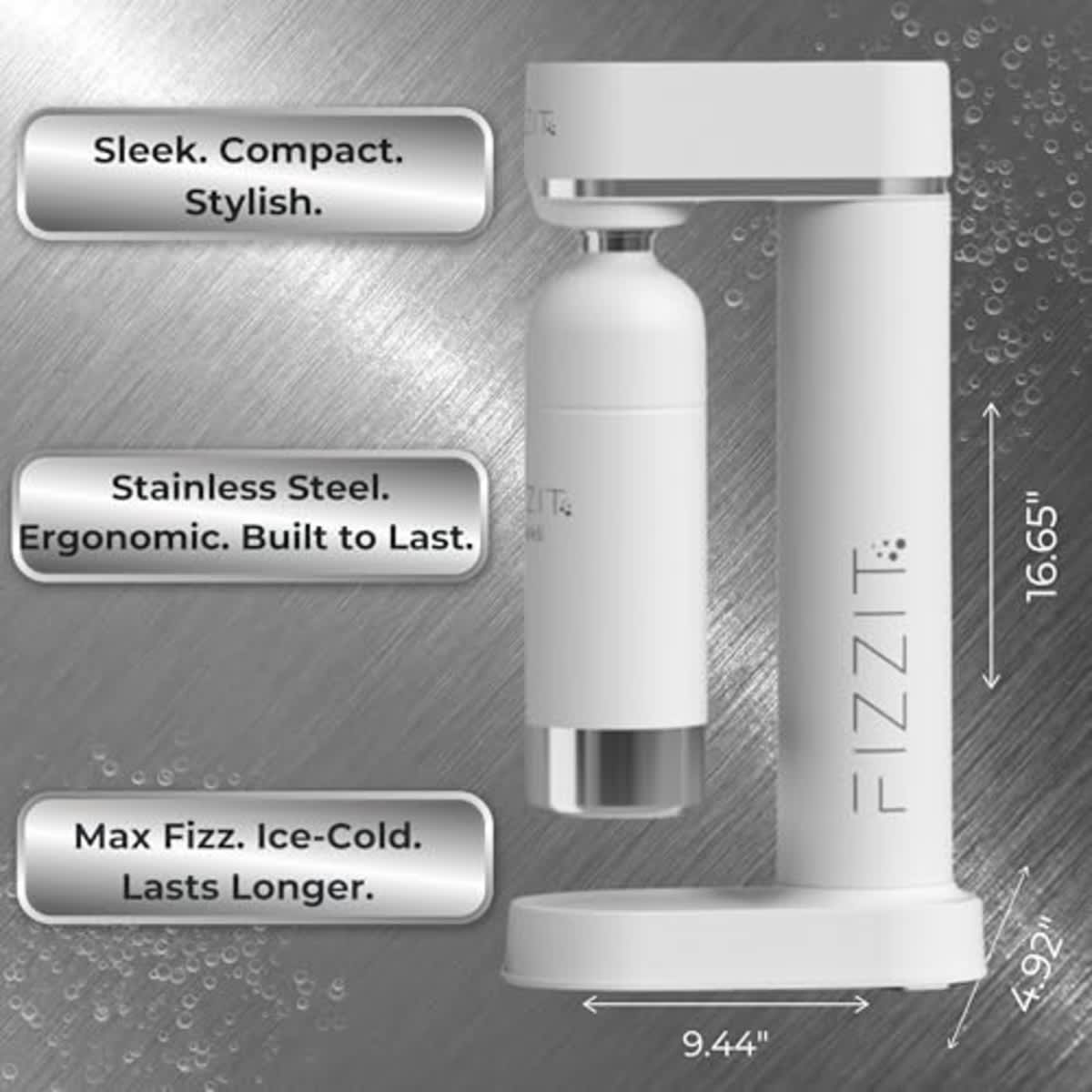 White Fizzit Stainless Steel Sparkling Water Maker Bundle | Includes Soda Maker, CO2 Cylinder, & 12-Flavor Variety Pack | Customizable Carbonated Water Machine, Reusable Bottle & Eco-Friendly - Image 6