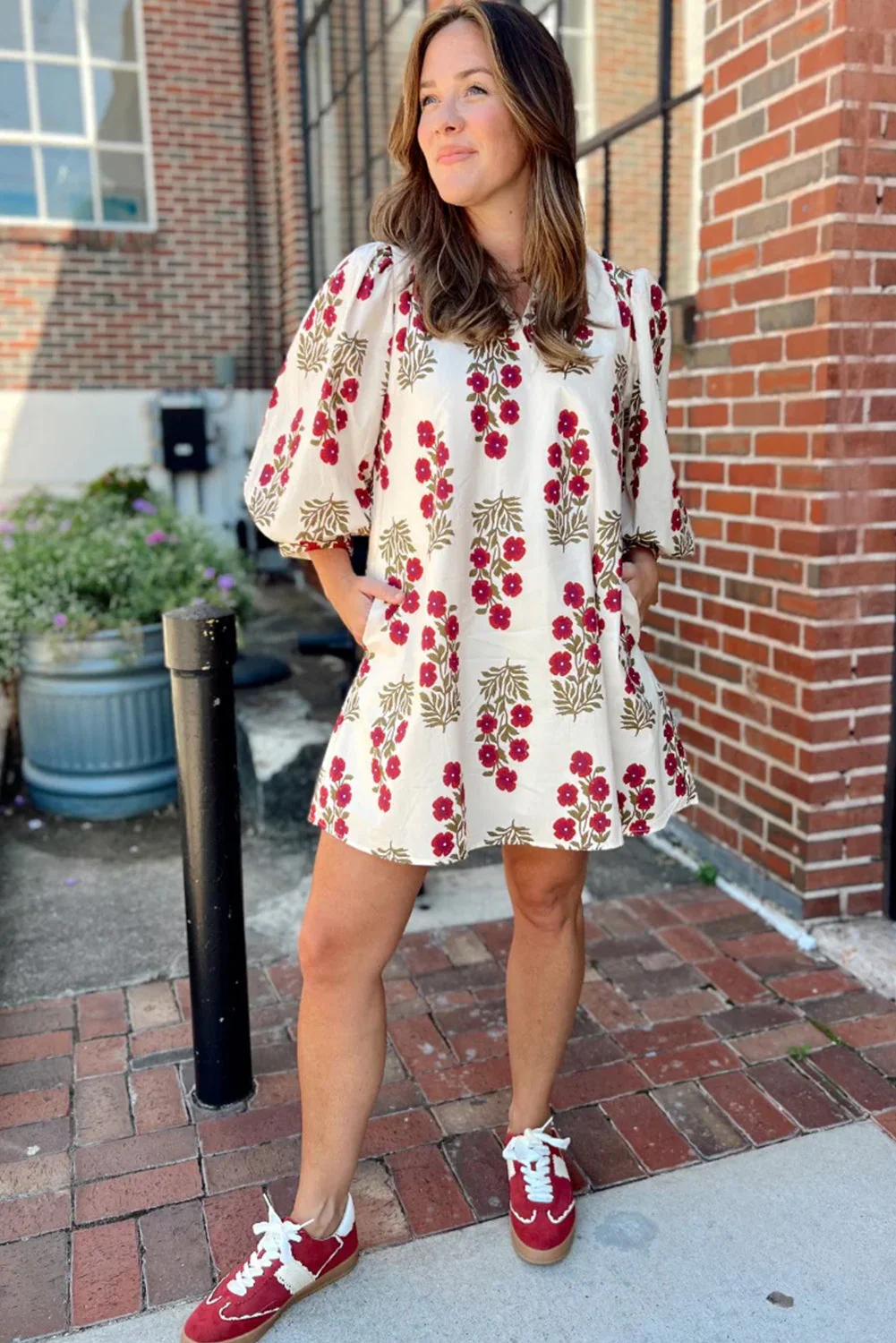 White Floral Print V Neck 3/4 Sleeve Loose Mini Dress - Image 3