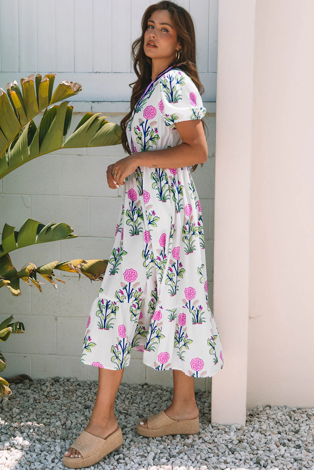 White Floral Puff Short Sleeve V Neck High Waist Maxi Dress - Image 14