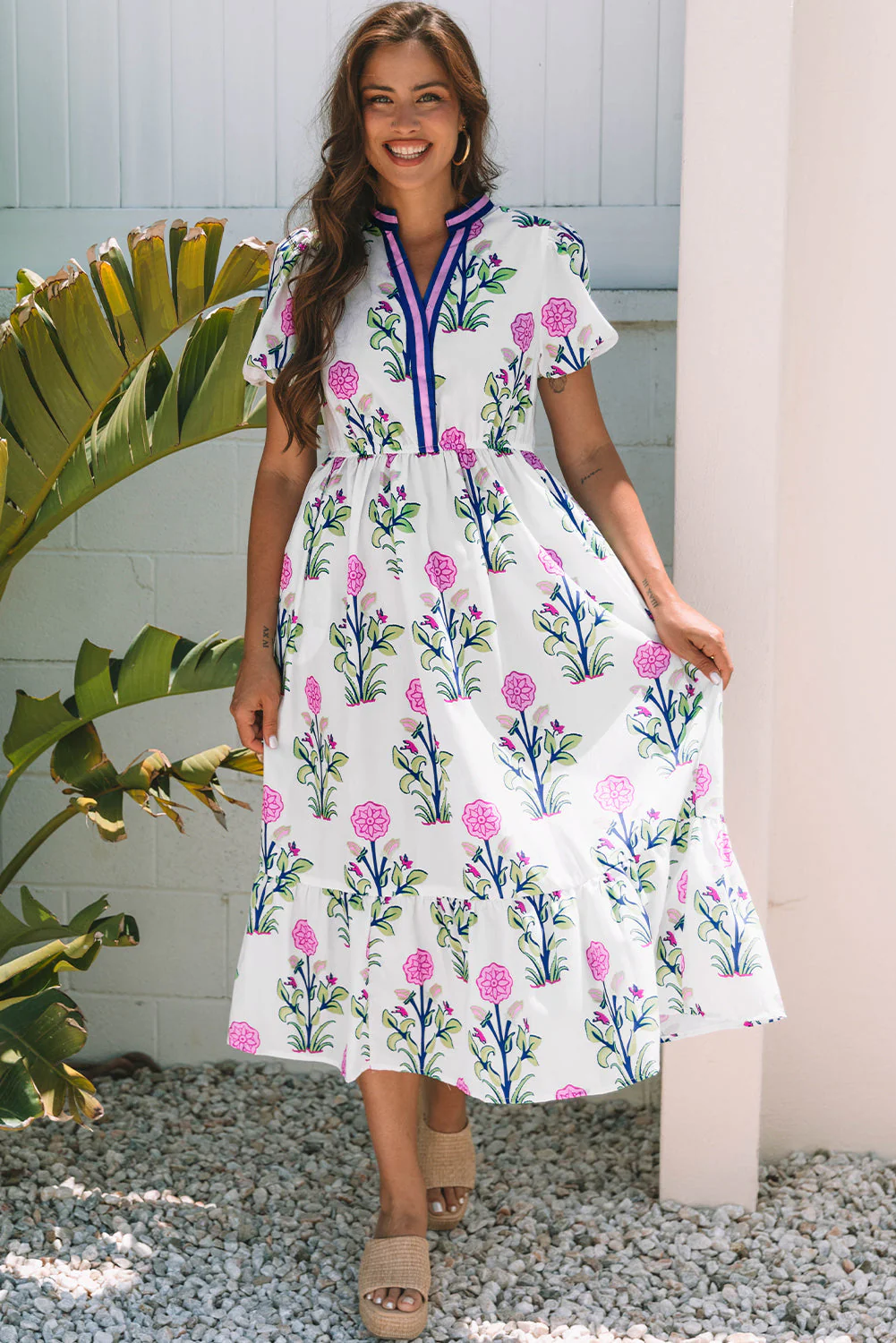 White Floral Puff Short Sleeve V Neck High Waist Maxi Dress - Image 16