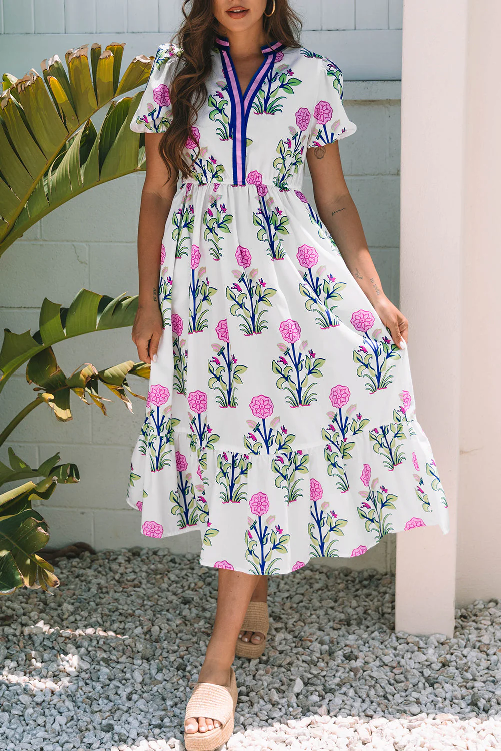 White Floral Puff Short Sleeve V Neck High Waist Maxi Dress - Image 19
