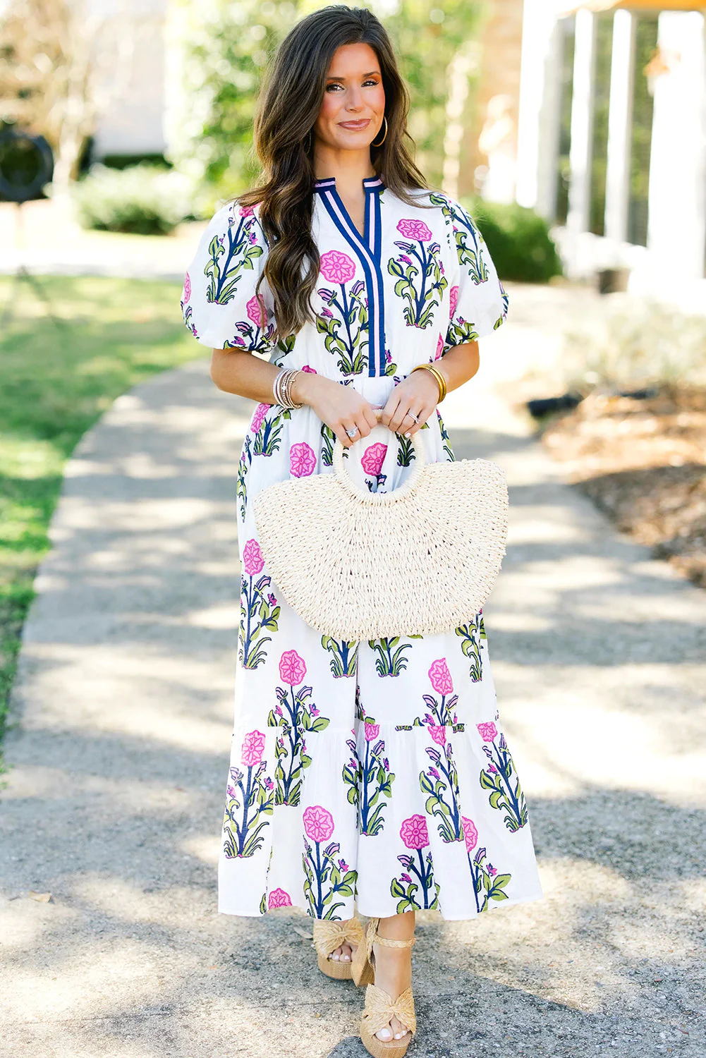 White Floral Puff Short Sleeve V Neck High Waist Maxi Dress - Image 3