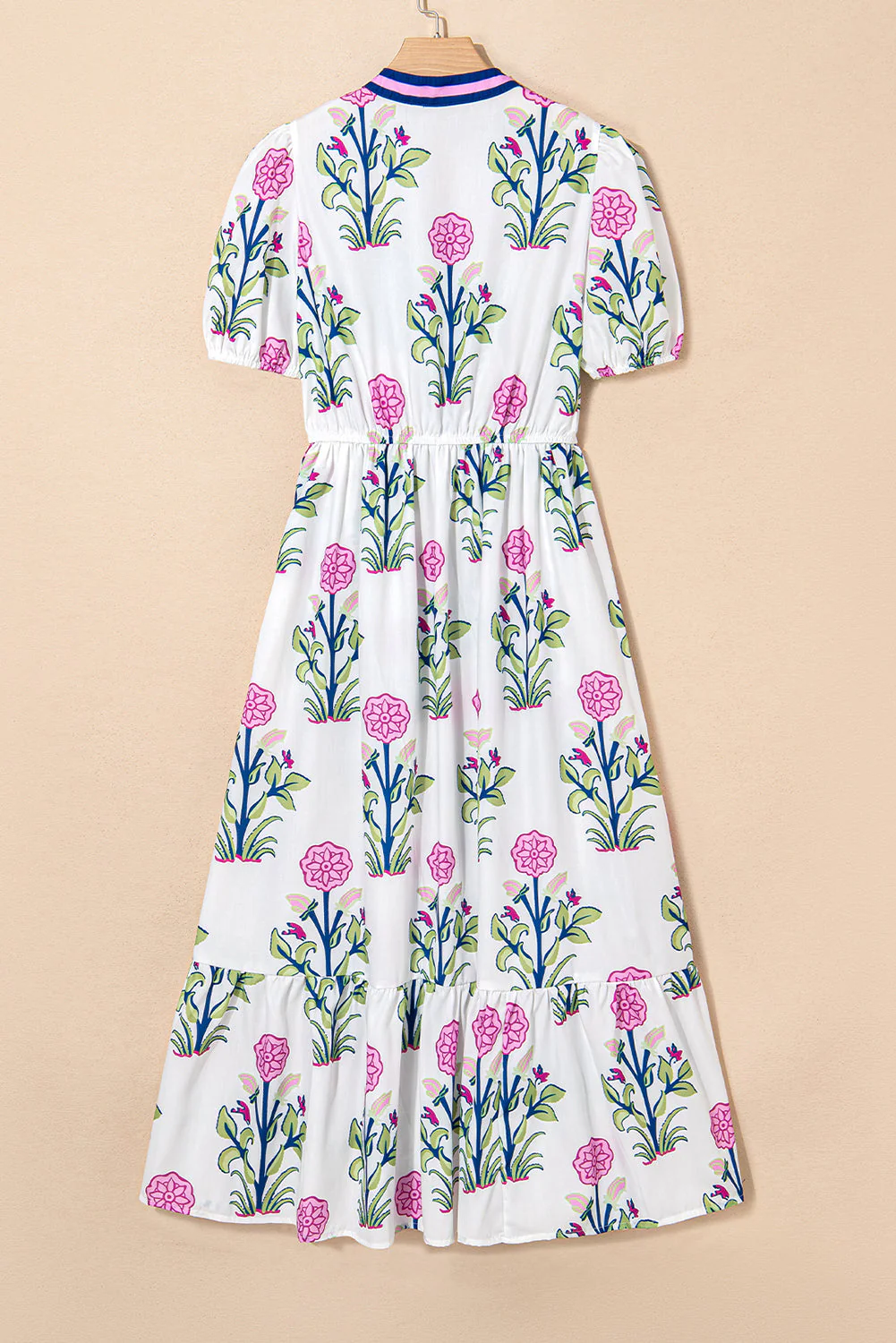 White Floral Puff Short Sleeve V Neck High Waist Maxi Dress - Image 6