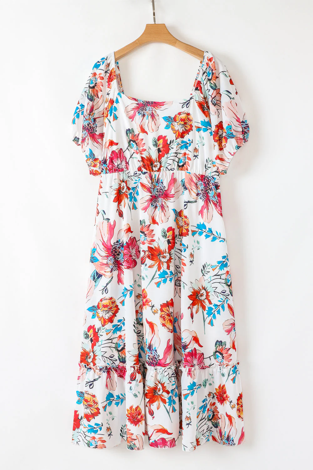 White Floral Square Neck Puff Sleeve Flowy Plus Size Midi Dress - Image 6