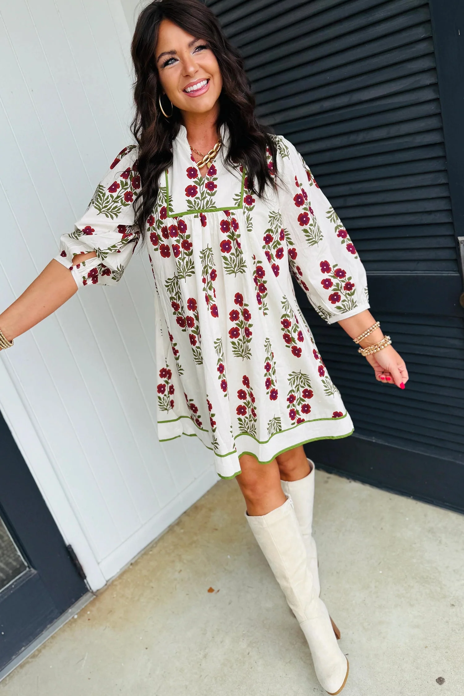 White Frilled V Neck 3/4 Sleeve Loose Floral Dress - Image 2