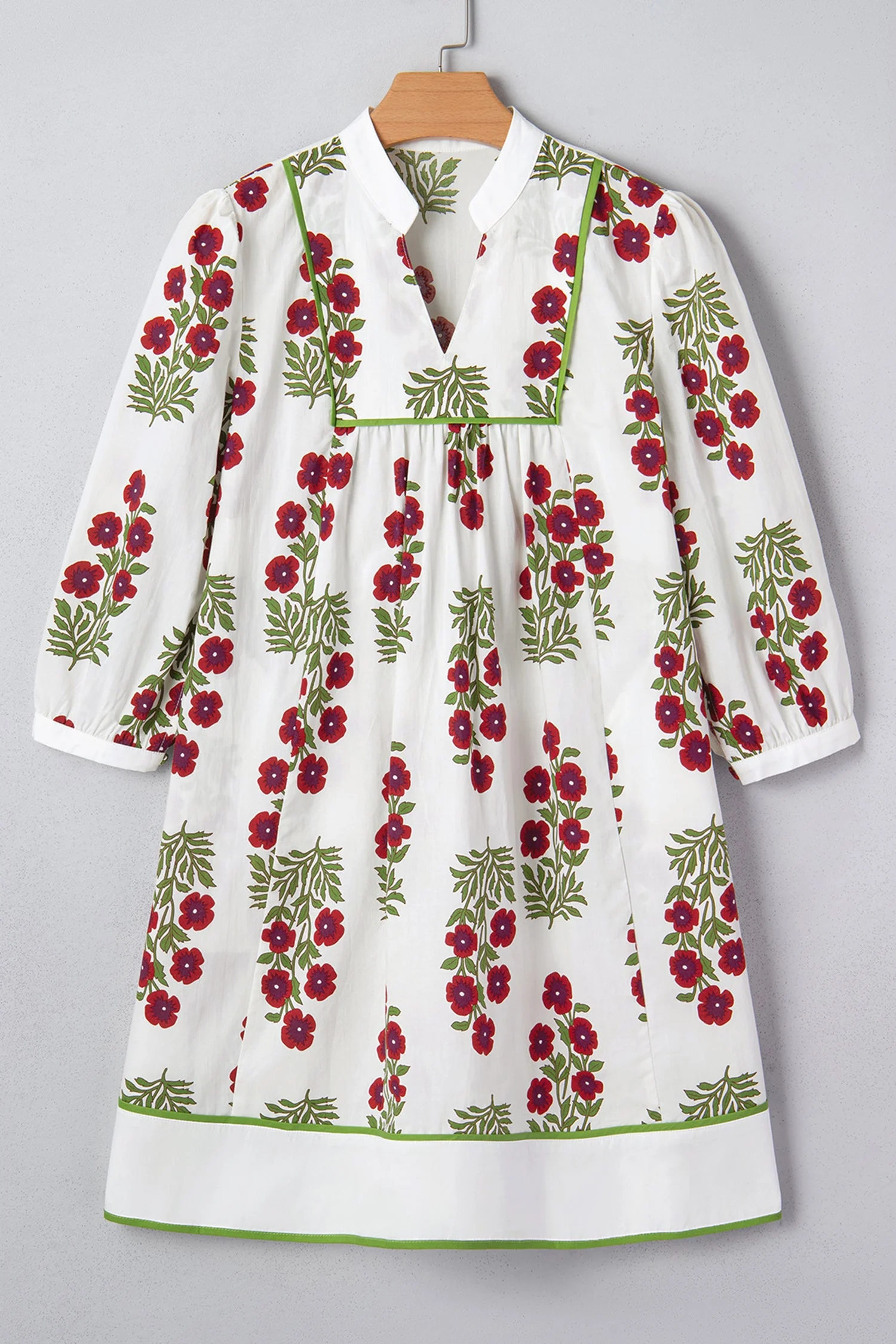 White Frilled V Neck 3/4 Sleeve Loose Floral Dress - Image 4