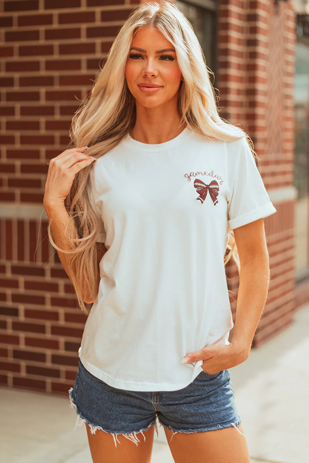 White Game Day Bowknot Embroidered Graphic Casual Tee - Image 8