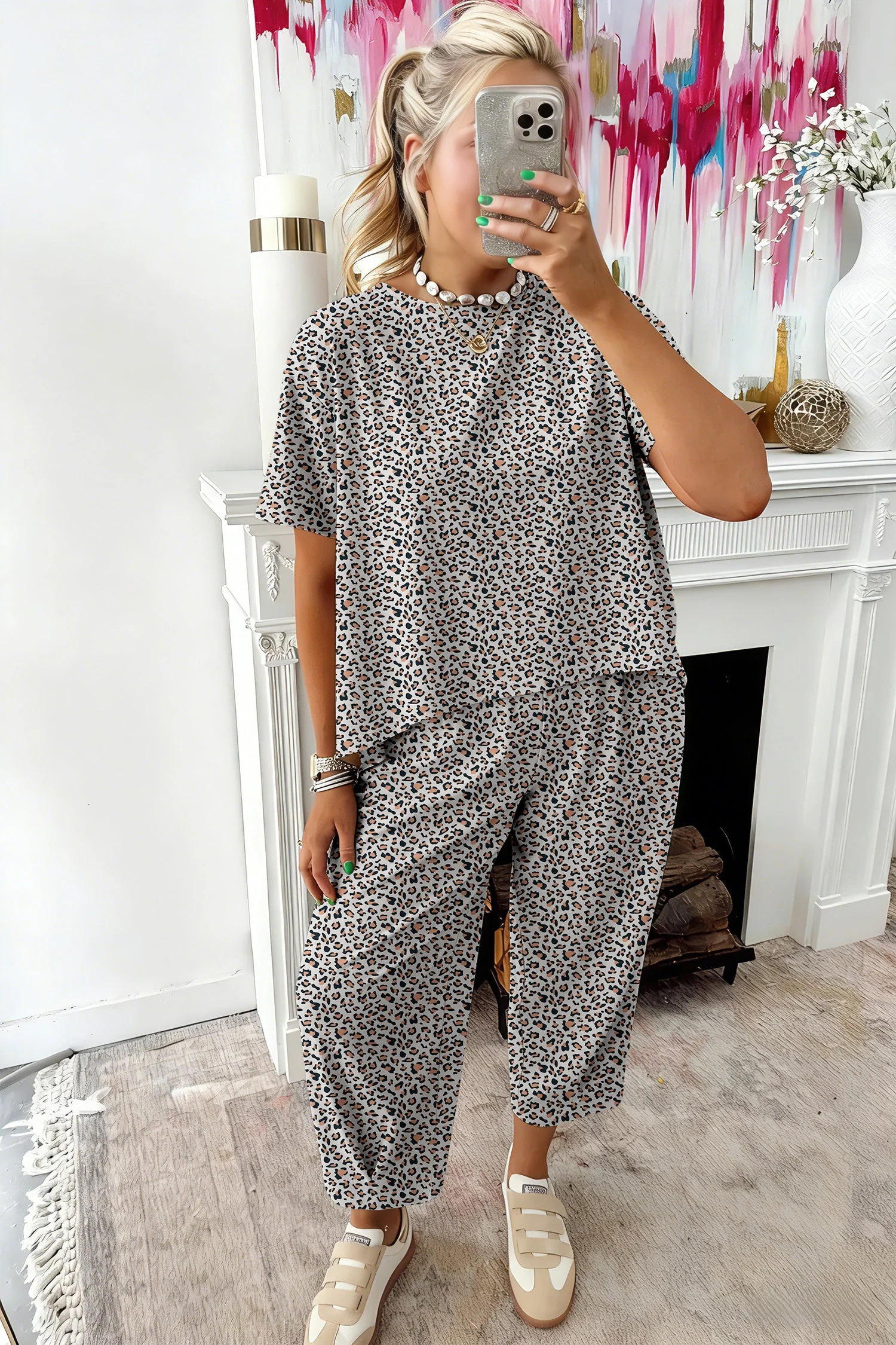 White Leopard High-Low Loose Tee Ankle Length Pants Set - Image 2