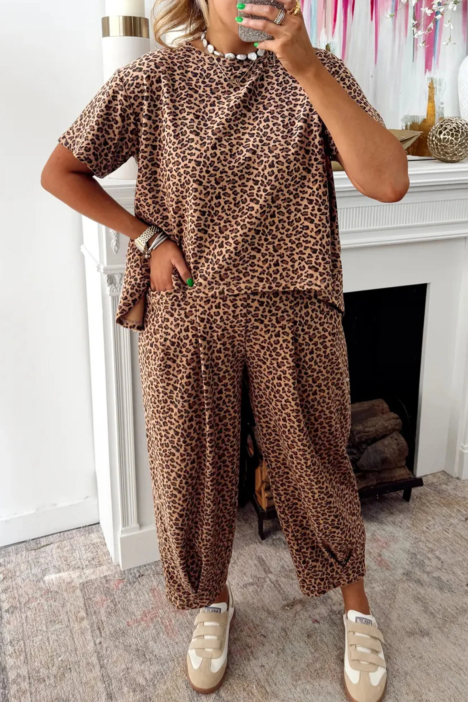 White Leopard High-Low Loose Tee Ankle Length Pants Set - Image 6
