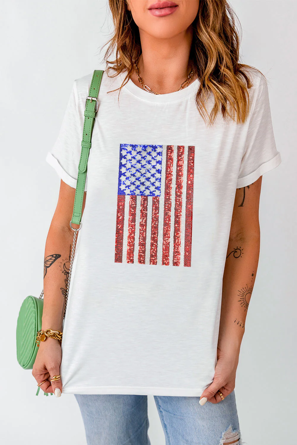 White Shimmery USA Flag Graphic Round Neck Tee - Image 5