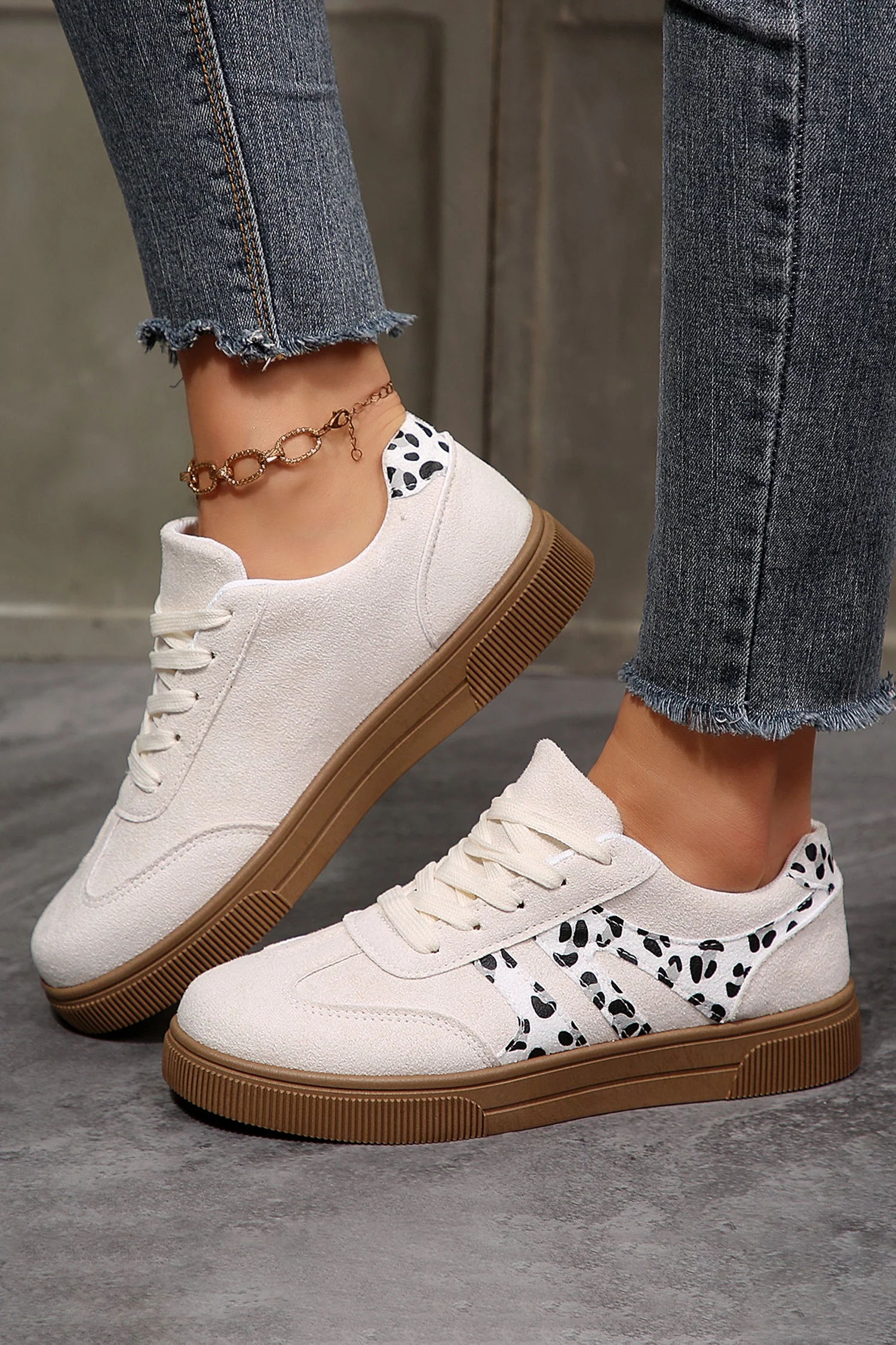 White Suede Leopard Color Block Trim Lace-up Casual Shoes - Image 4