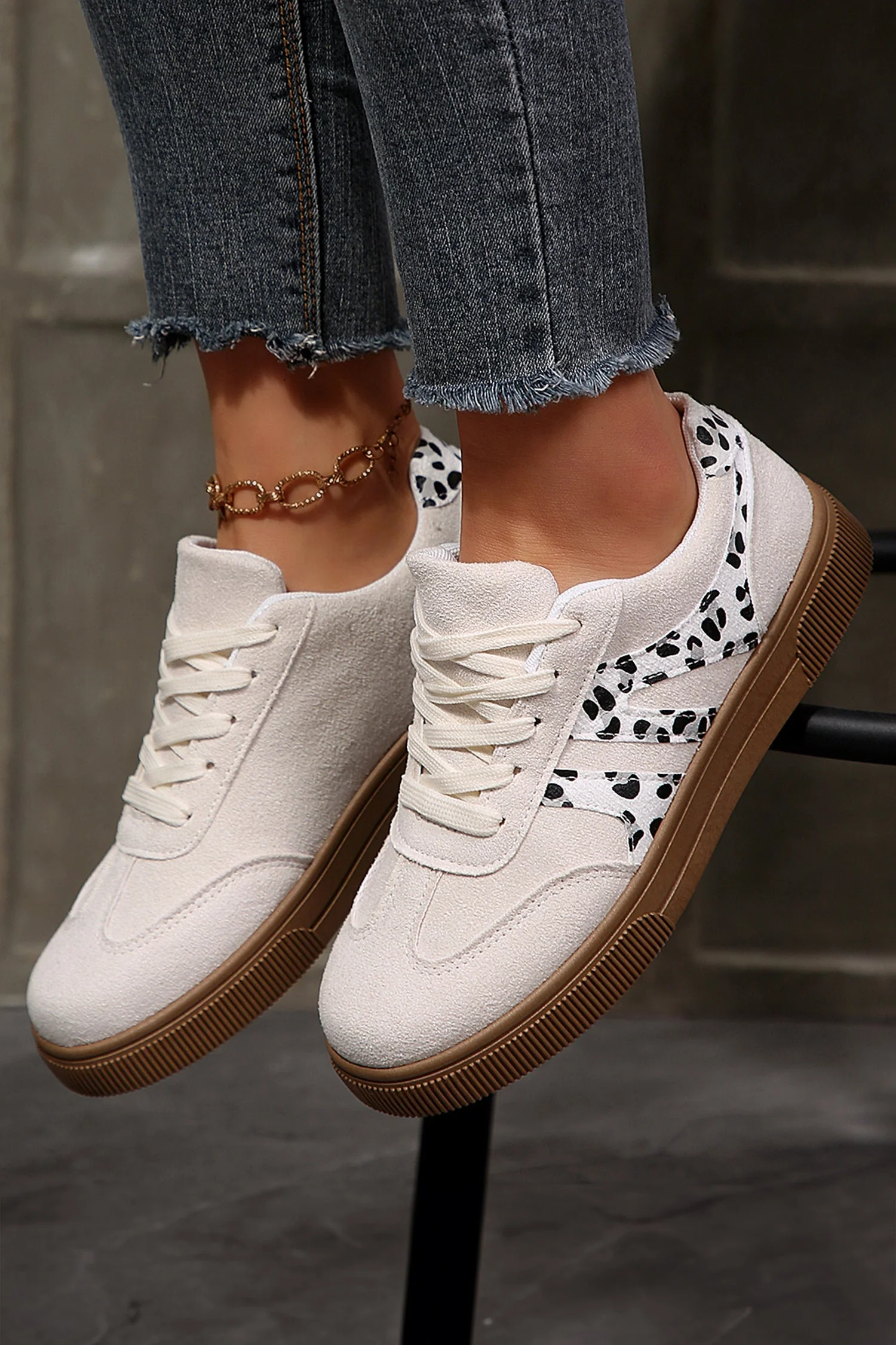 White Suede Leopard Color Block Trim Lace-up Casual Shoes - Image 6