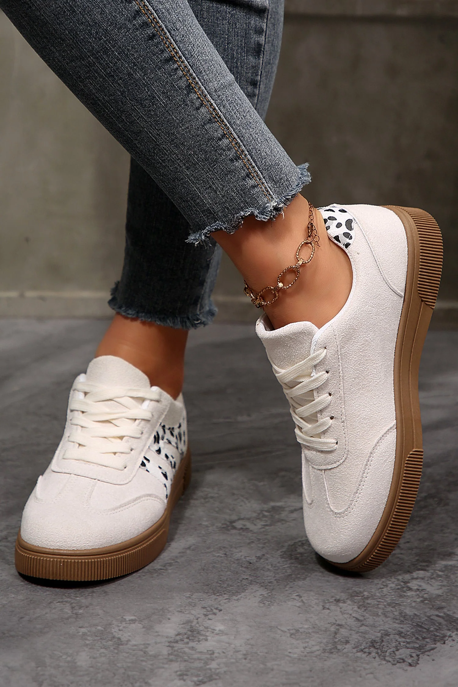White Suede Leopard Color Block Trim Lace-up Casual Shoes - Image 7