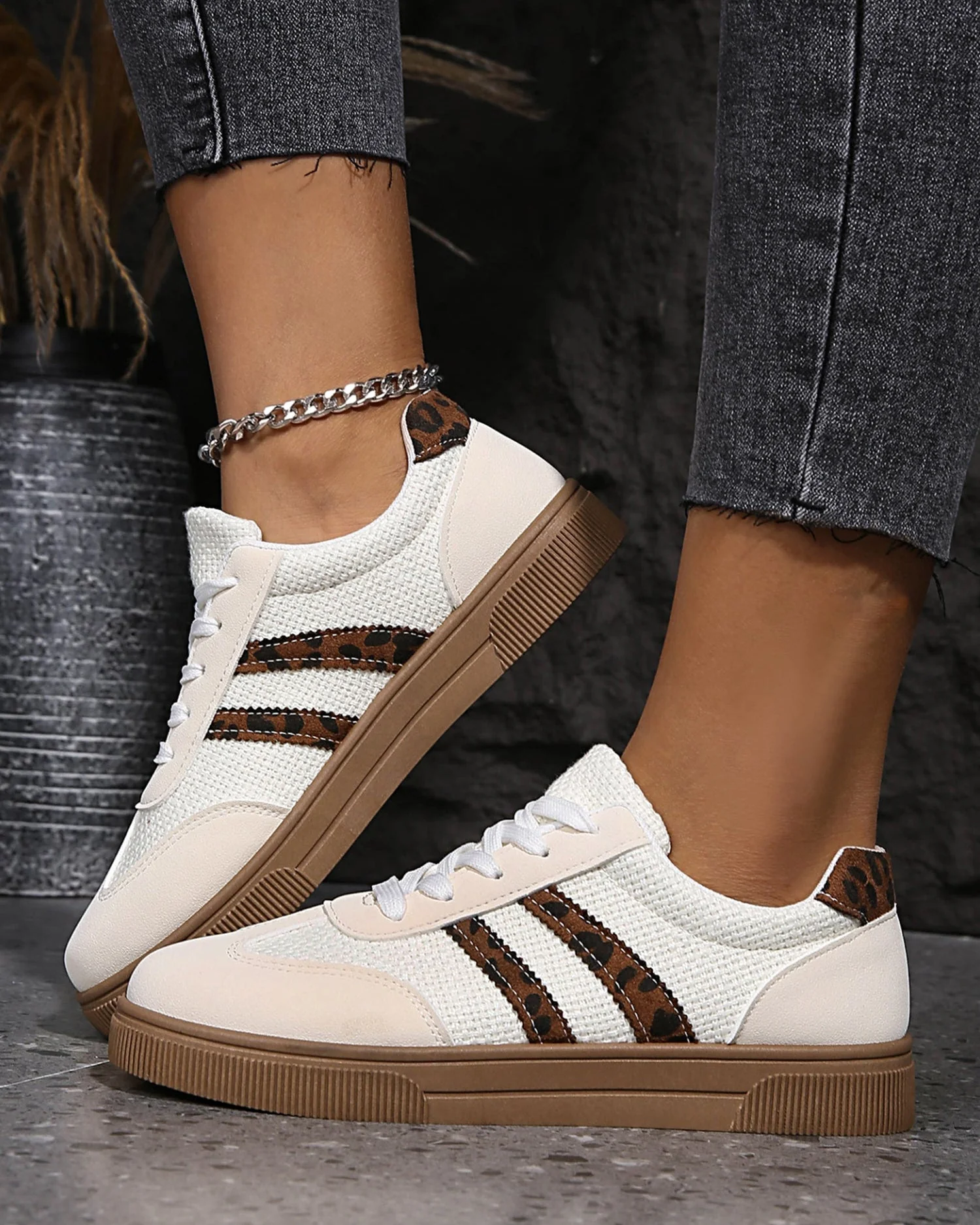 White Textured Woven Leopard Patchwork Flat Sneakers - Image 5