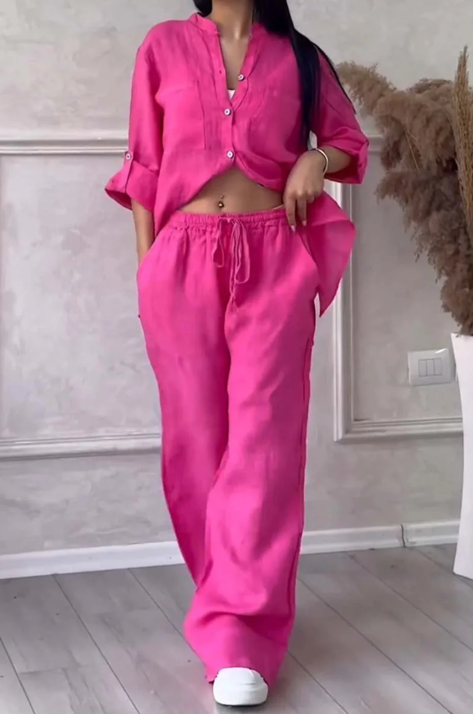 Wide-Leg Pants & Lace-Up Top Two-Piece Set – Solid Color, 12 Colors S–5XL - Image 15