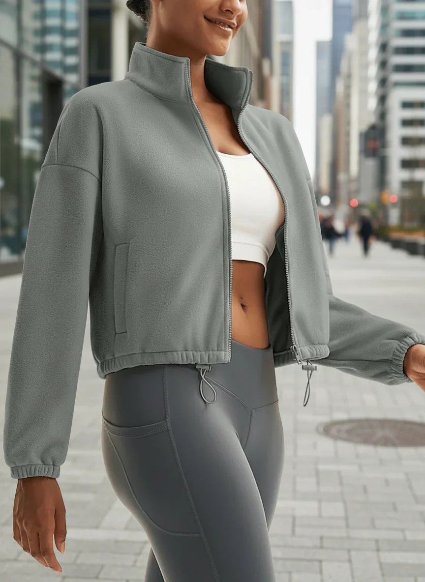 Winter Fleece Cropped Jacket with Stand Collar - Image 8