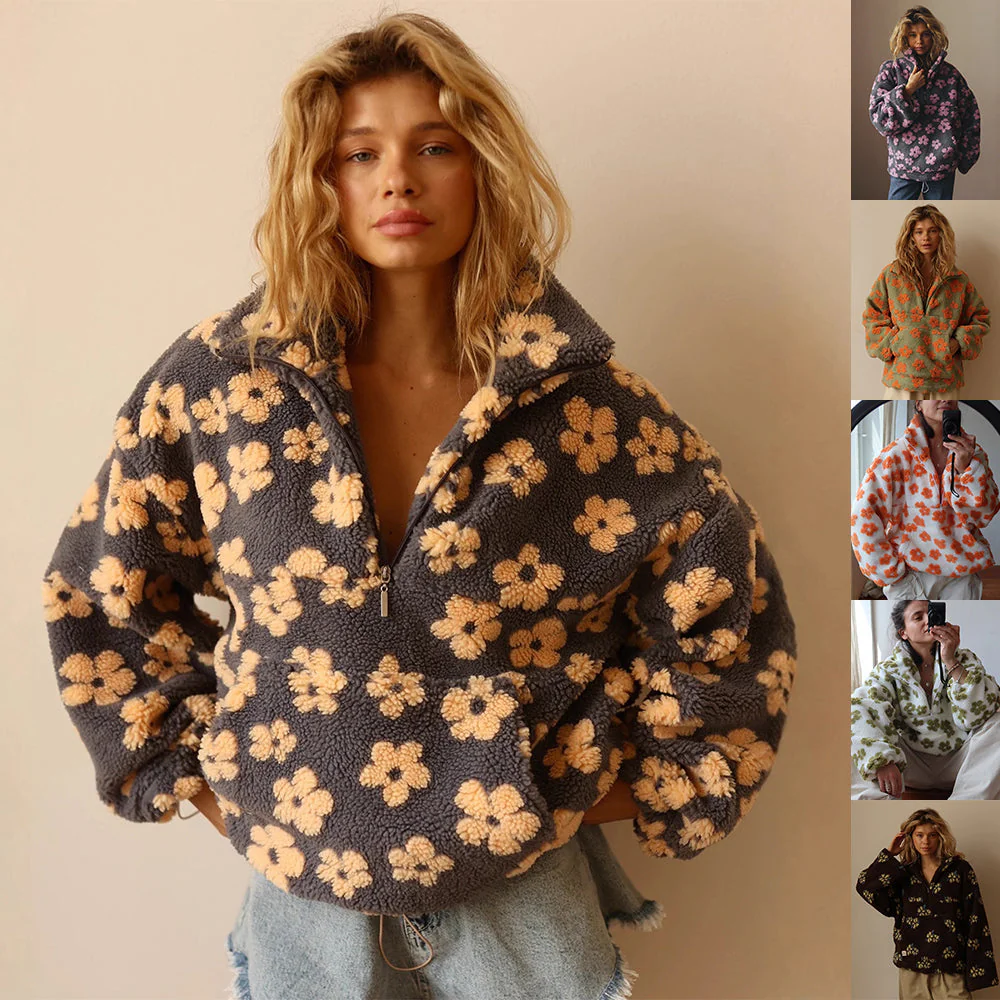 Winter Flowers Lambskin Sweatshirt Women | Cozy Zip-Up Pocket Pullover