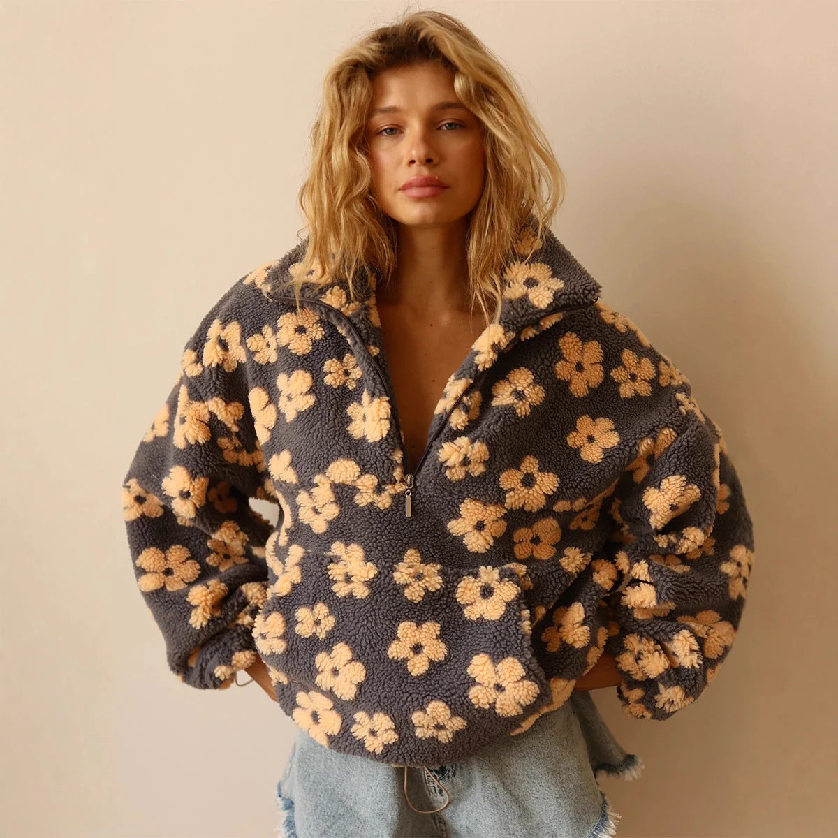 Winter Flowers Lambskin Sweatshirt Women | Cozy Zip-Up Pocket Pullover - Image 3