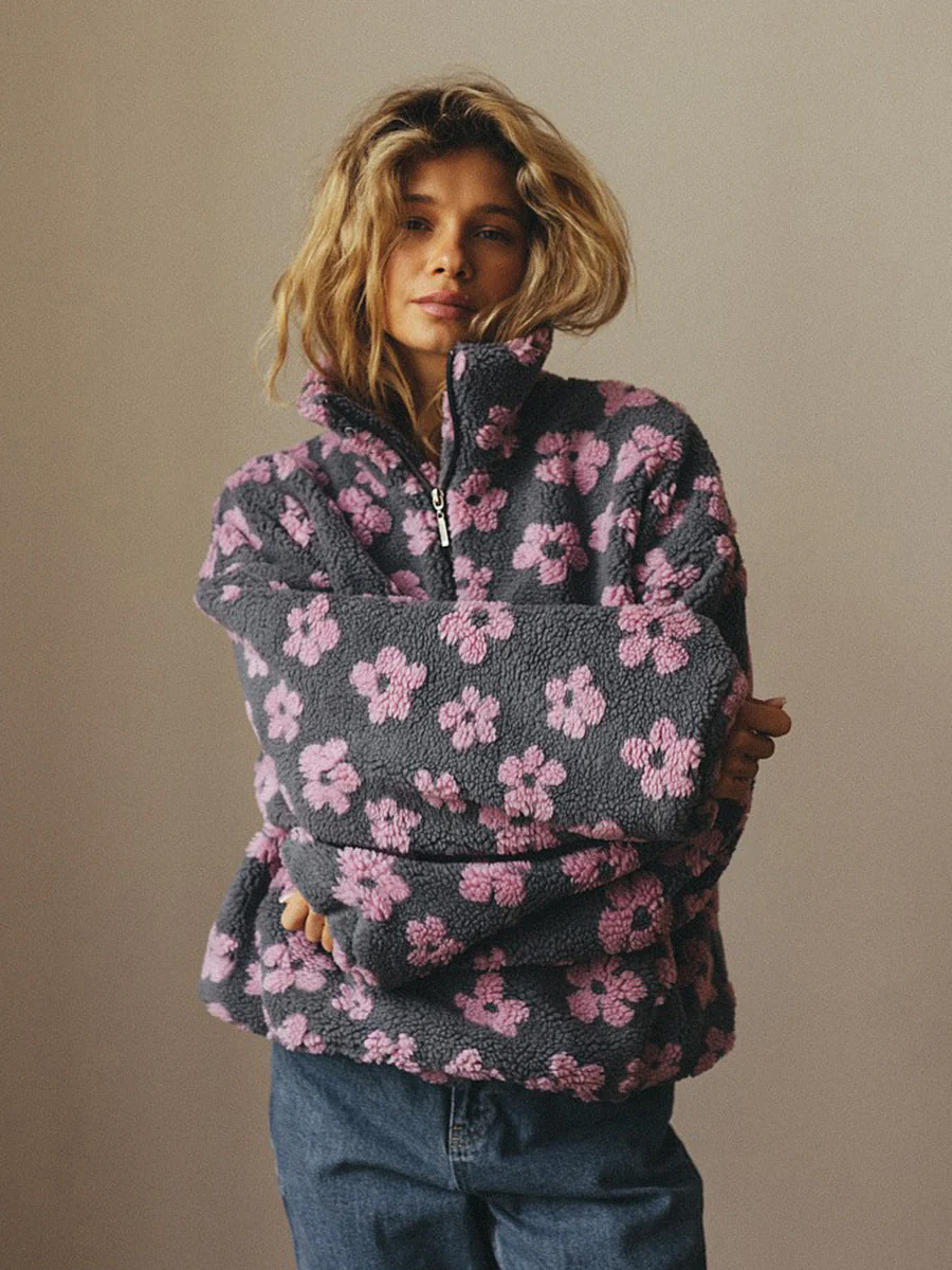 Winter Flowers Lambskin Sweatshirt Women | Cozy Zip-Up Pocket Pullover - Image 9