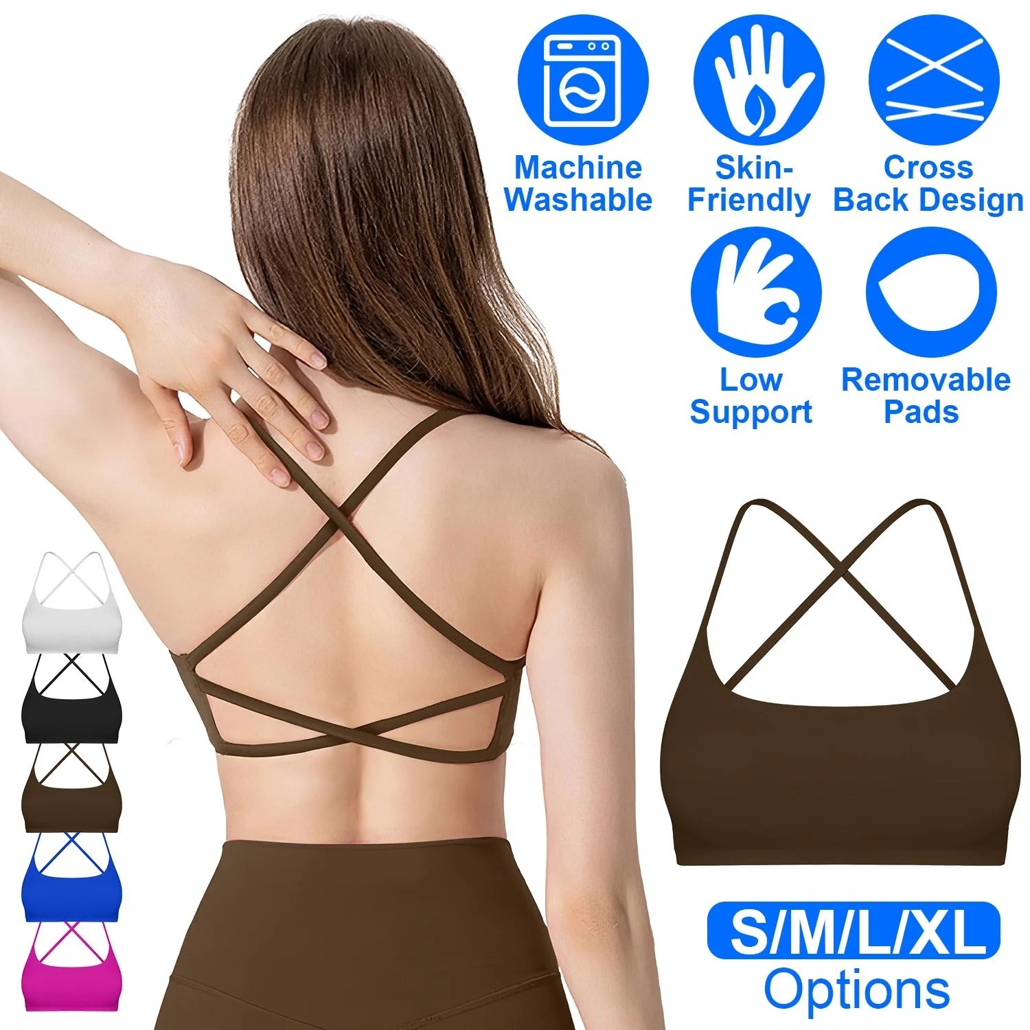 Women Cross Back Sport Bras Padded Strappy Crop Open Back Low Impact Bras Sexy Fitness Tank Tops with Removable Pads Thin Straps for Gym Yoga Workout - Image 2