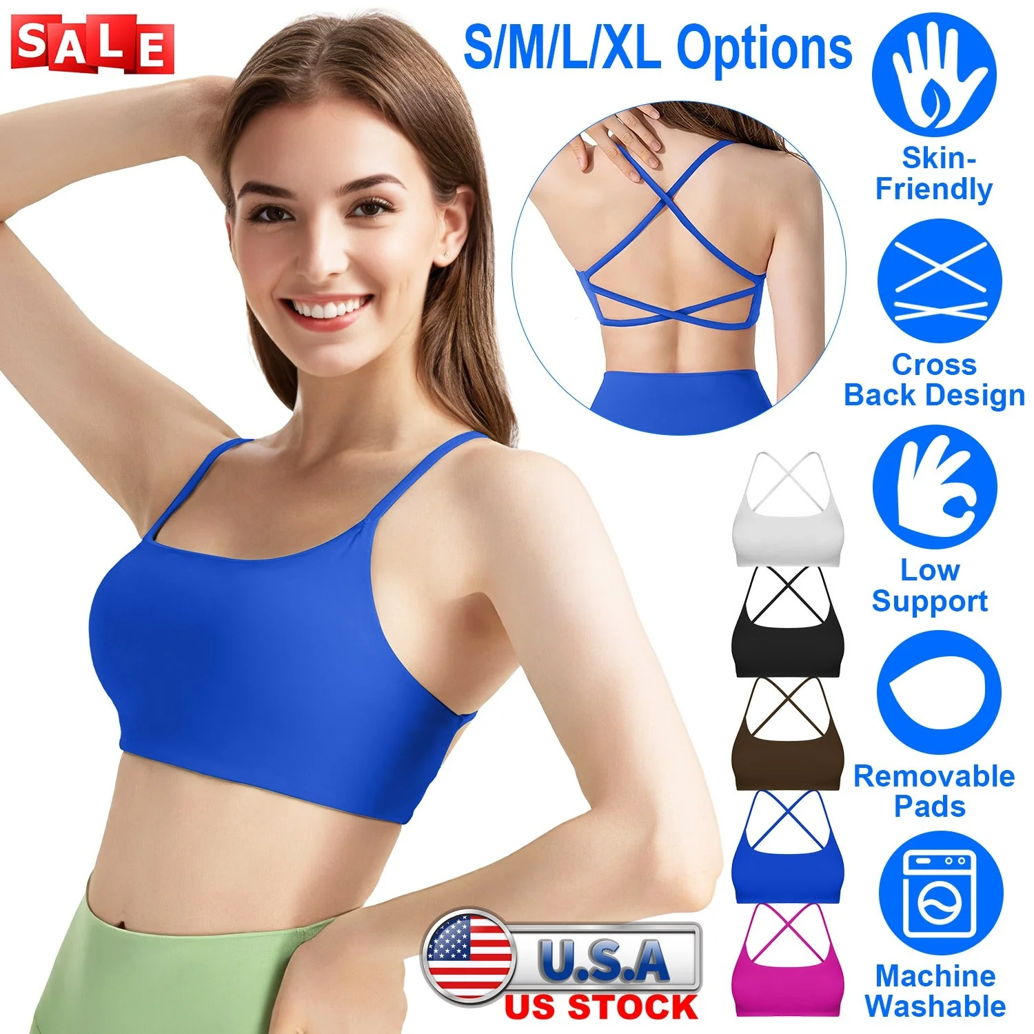 Women Cross Back Sport Bras Padded Strappy Crop Open Back Low Impact Bras Sexy Fitness Tank Tops with Removable Pads Thin Straps for Gym Yoga Workout - Image 5