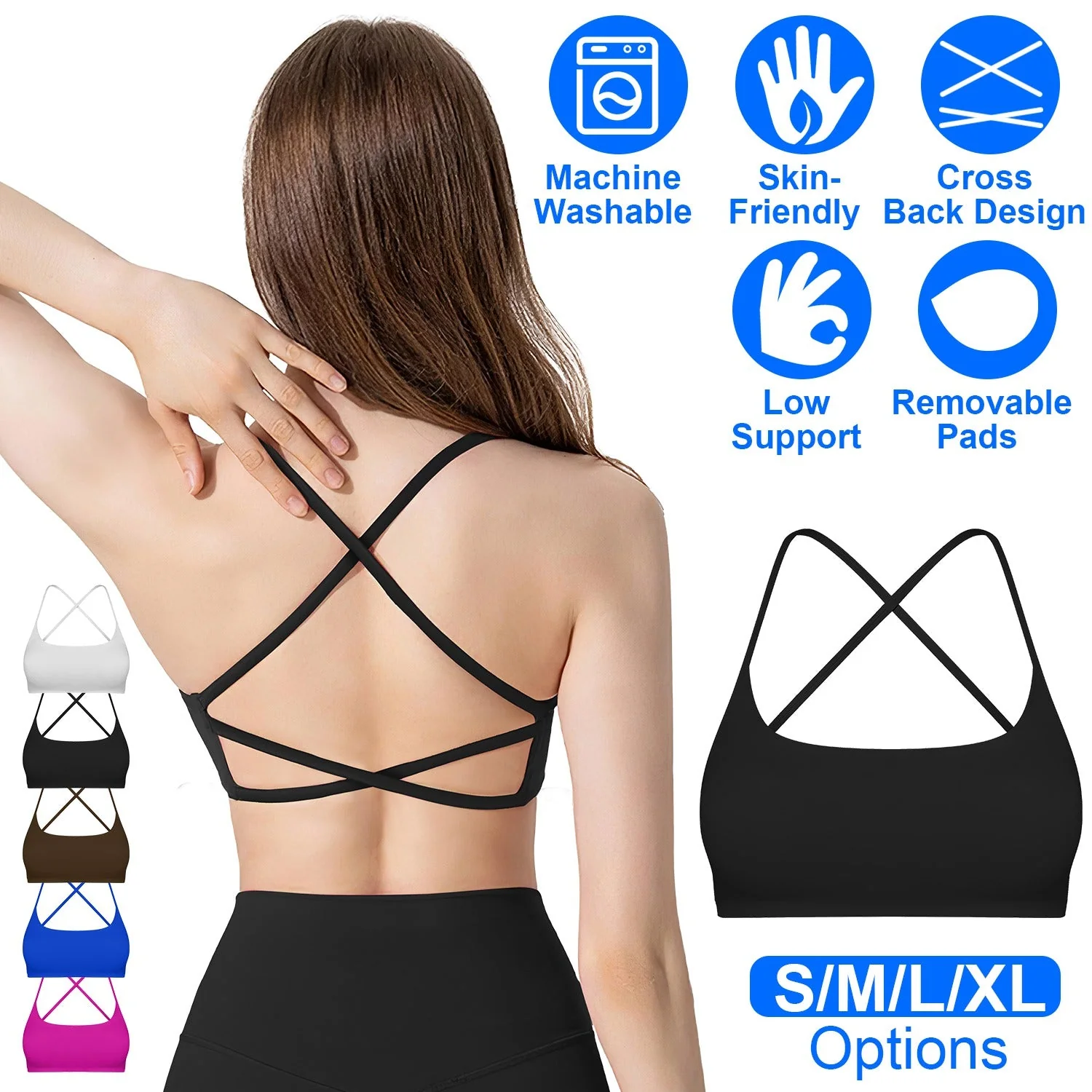 Women Cross Back Sport Bras Padded Strappy Crop Open Back Low Impact Bras Sexy Fitness Tank Tops with Removable Pads Thin Straps for Gym Yoga Workout - Image 2