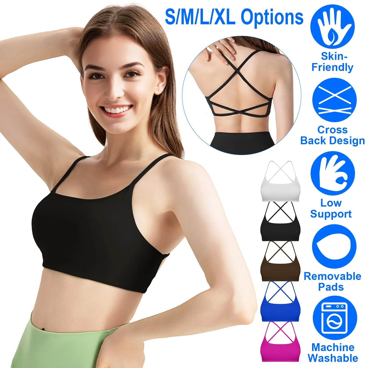 Women Cross Back Sport Bras Padded Strappy Crop Open Back Low Impact Bras Sexy Fitness Tank Tops with Removable Pads Thin Straps for Gym Yoga Workout - Image 4