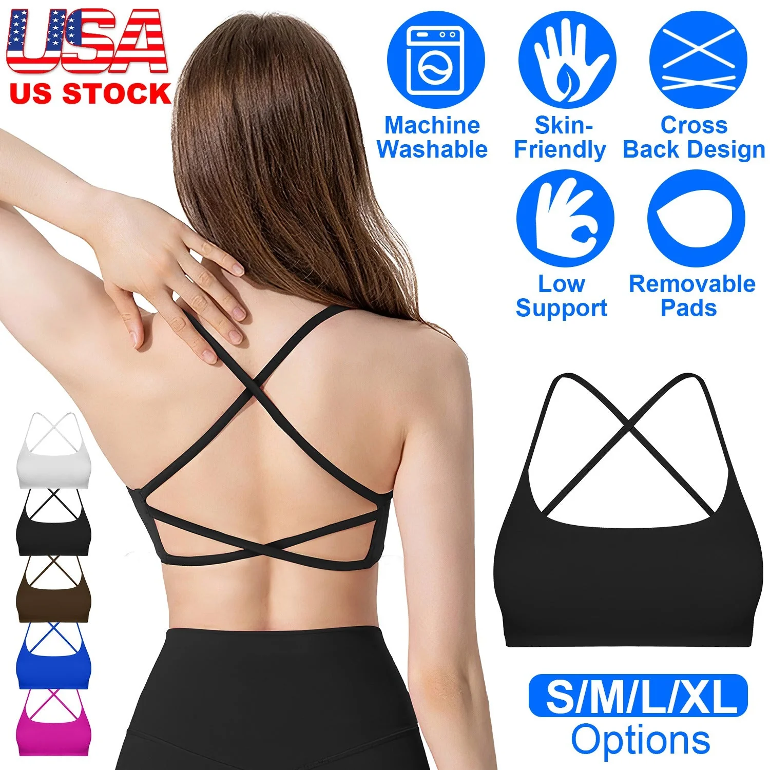 Women Cross Back Sport Bras Padded Strappy Crop Open Back Low Impact Bras Sexy Fitness Tank Tops with Removable Pads Thin Straps for Gym Yoga Workout - Image 3