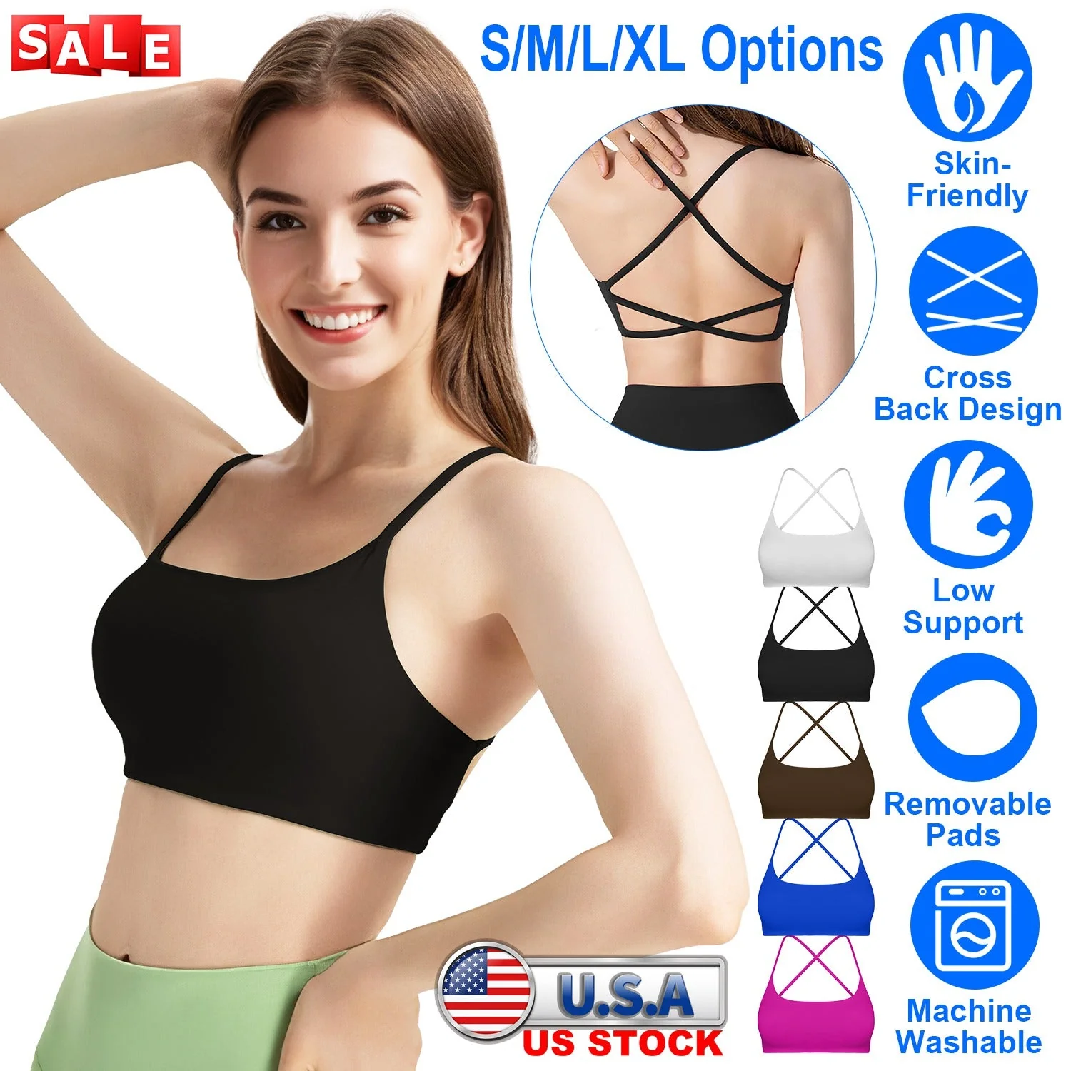 Women Cross Back Sport Bras Padded Strappy Crop Open Back Low Impact Bras Sexy Fitness Tank Tops with Removable Pads Thin Straps for Gym Yoga Workout - Image 5