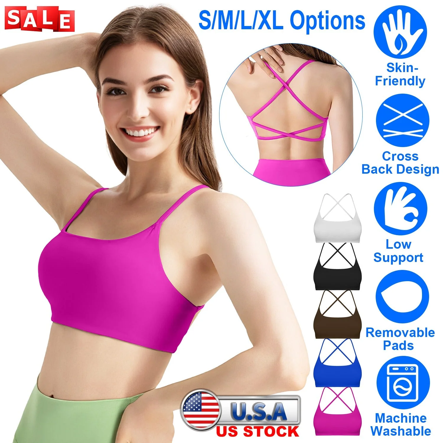 Women Cross Back Sport Bras Padded Strappy Crop Open Back Low Impact Bras Sexy Fitness Tank Tops with Removable Pads Thin Straps for Gym Yoga Workout - Image 5