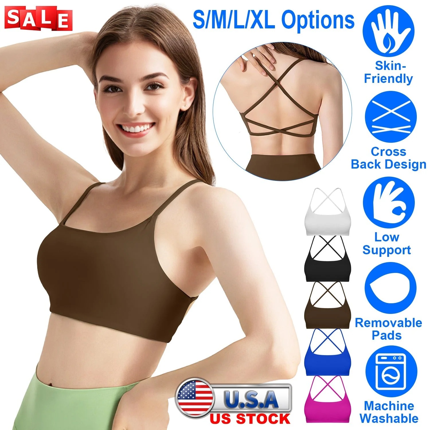 Women Cross Back Sport Bras Padded Strappy Crop Open Back Low Impact Bras Sexy Fitness Tank Tops with Removable Pads Thin Straps for Gym Yoga Workout - Image 5