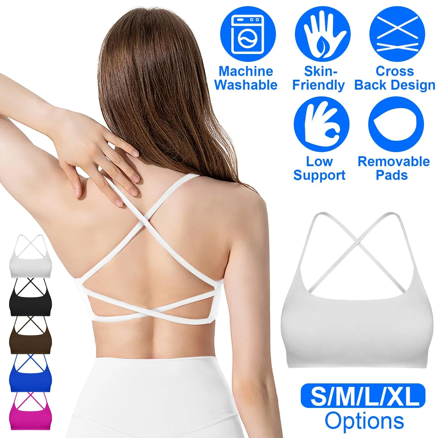 Women Cross Back Sport Bras Padded Strappy Crop Open Back Low Impact Bras Sexy Fitness Tank Tops with Removable Pads Thin Straps for Gym Yoga Workout - Image 2