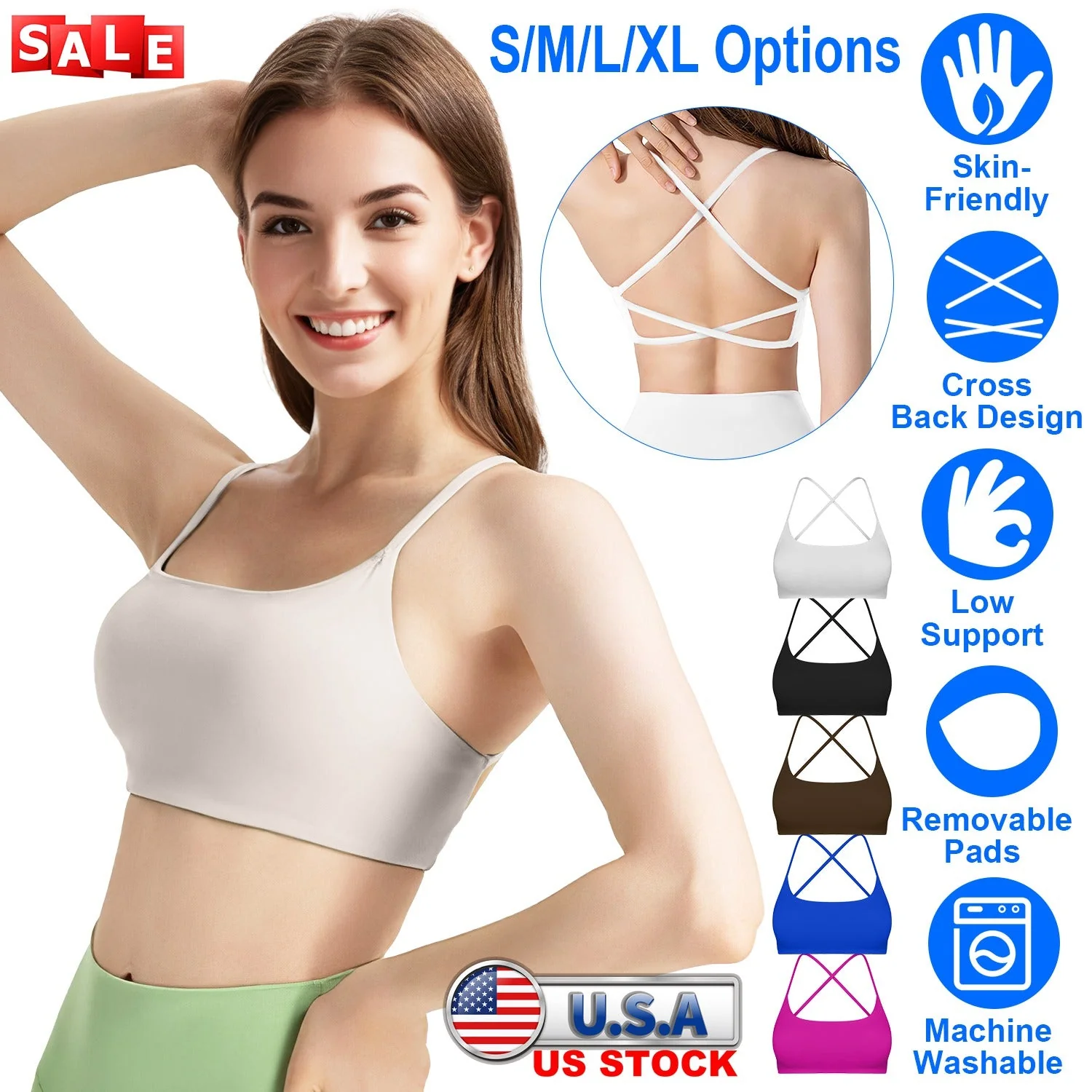 Women Cross Back Sport Bras Padded Strappy Crop Open Back Low Impact Bras Sexy Fitness Tank Tops with Removable Pads Thin Straps for Gym Yoga Workout - Image 5