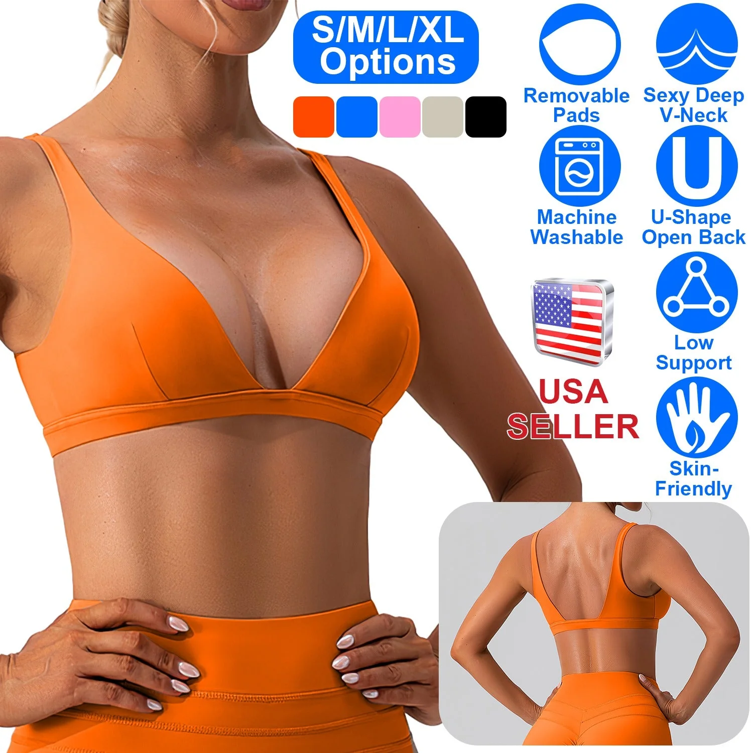 Women Deep V-Neck Sports Bras U-Shaped Back Sport Bras Padded Strappy Crop Open Back Low Impact Bras Sexy Fitness Tank Tops with Removable Pads for Gy - Image 5