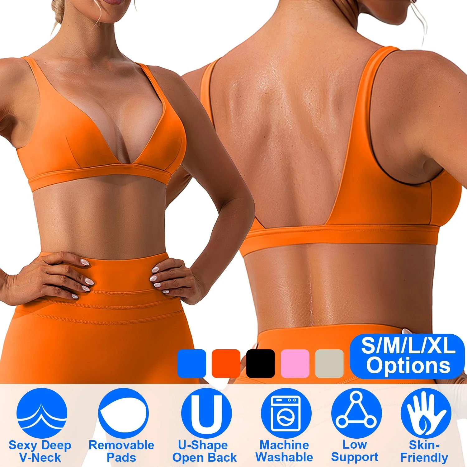 Women Deep V-Neck Sports Bras U-Shaped Back Sport Bras Padded Strappy Crop Open Back Low Impact Bras Sexy Fitness Tank Tops with Removable Pads for Gy - Image 6