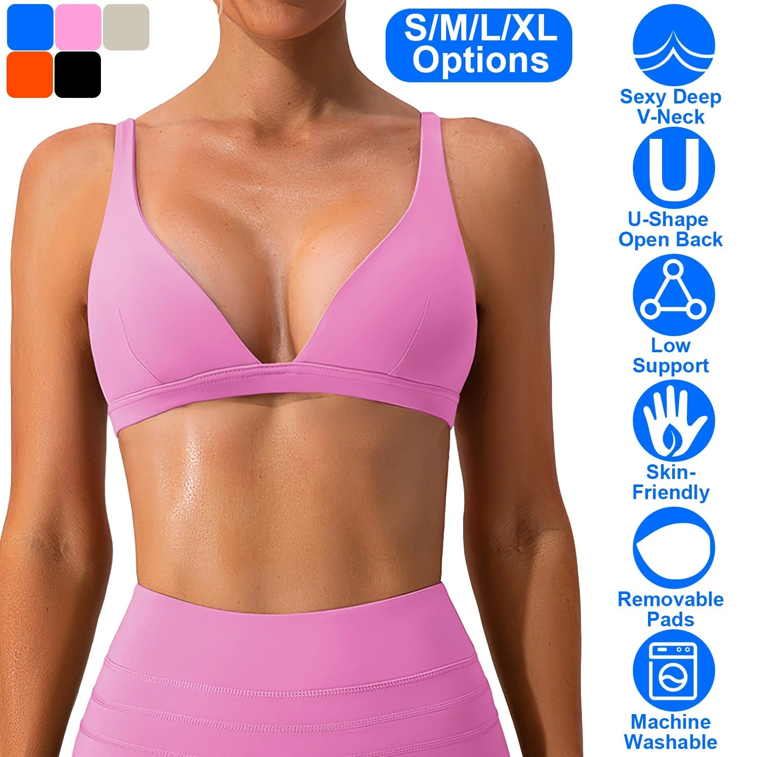 Women Deep V-Neck Sports Bras U-Shaped Back Sport Bras Padded Strappy Crop Open Back Low Impact Bras Sexy Fitness Tank Tops with Removable Pads for Gy - Image 2