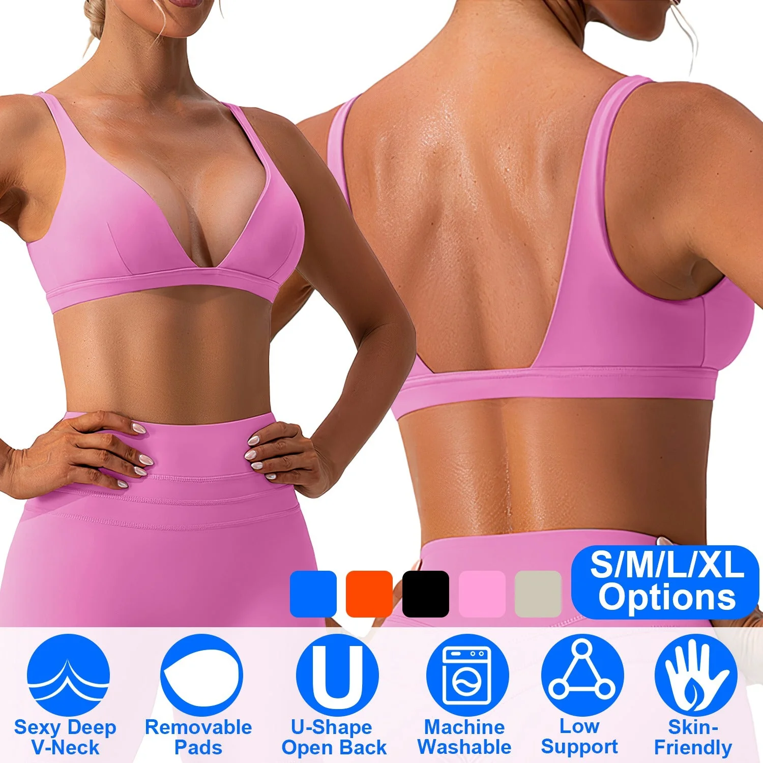Women Deep V-Neck Sports Bras U-Shaped Back Sport Bras Padded Strappy Crop Open Back Low Impact Bras Sexy Fitness Tank Tops with Removable Pads for Gy - Image 6