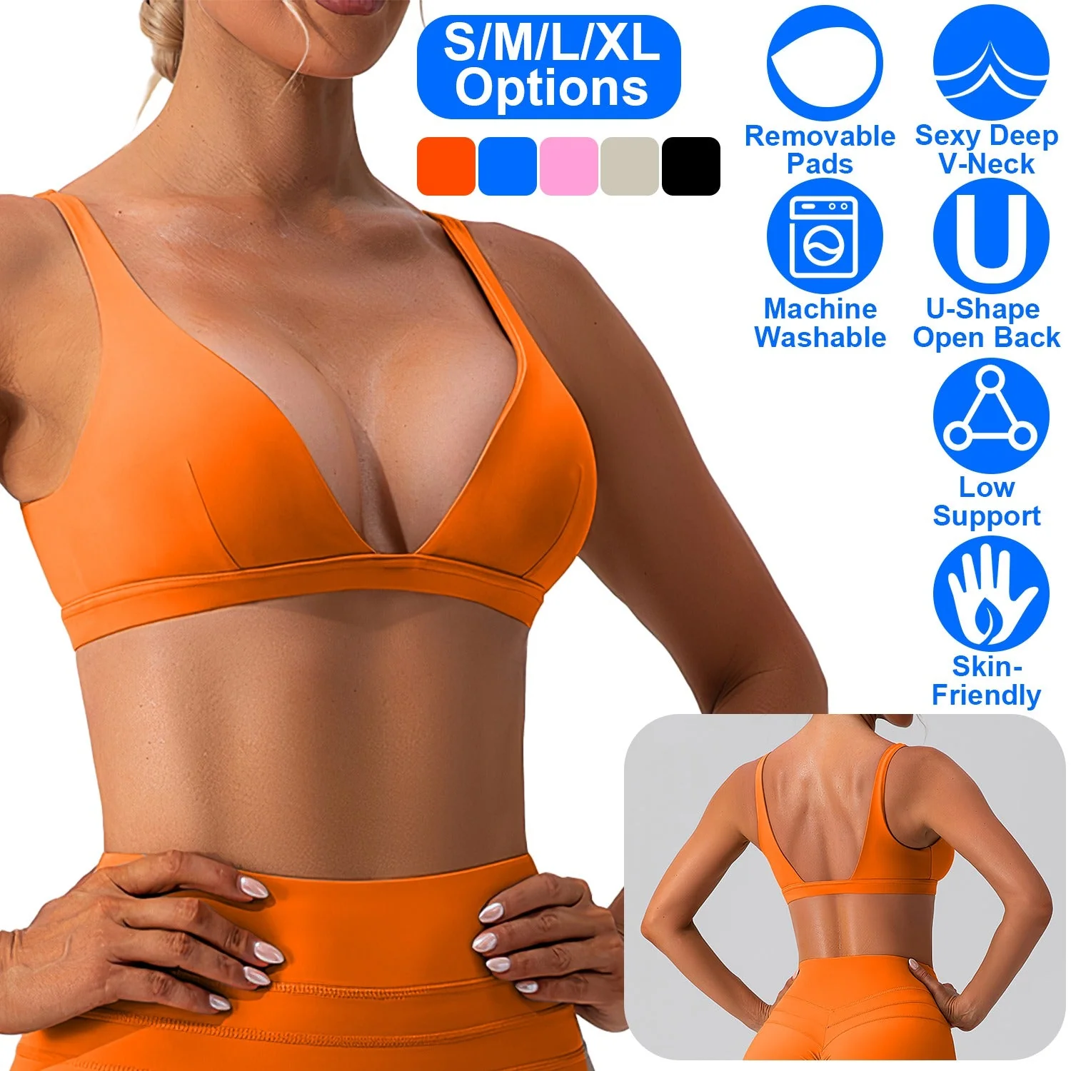 Women Deep V-Neck Sports Bras U-Shaped Back Sport Bras Padded Strappy Crop Open Back Low Impact Bras Sexy Fitness Tank Tops with Removable Pads for Gy - Image 4
