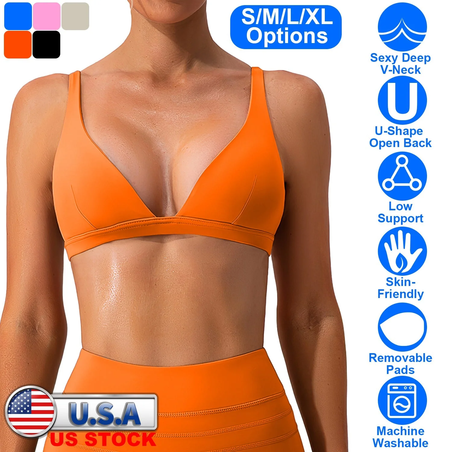 Women Deep V-Neck Sports Bras U-Shaped Back Sport Bras Padded Strappy Crop Open Back Low Impact Bras Sexy Fitness Tank Tops with Removable Pads for Gy - Image 3