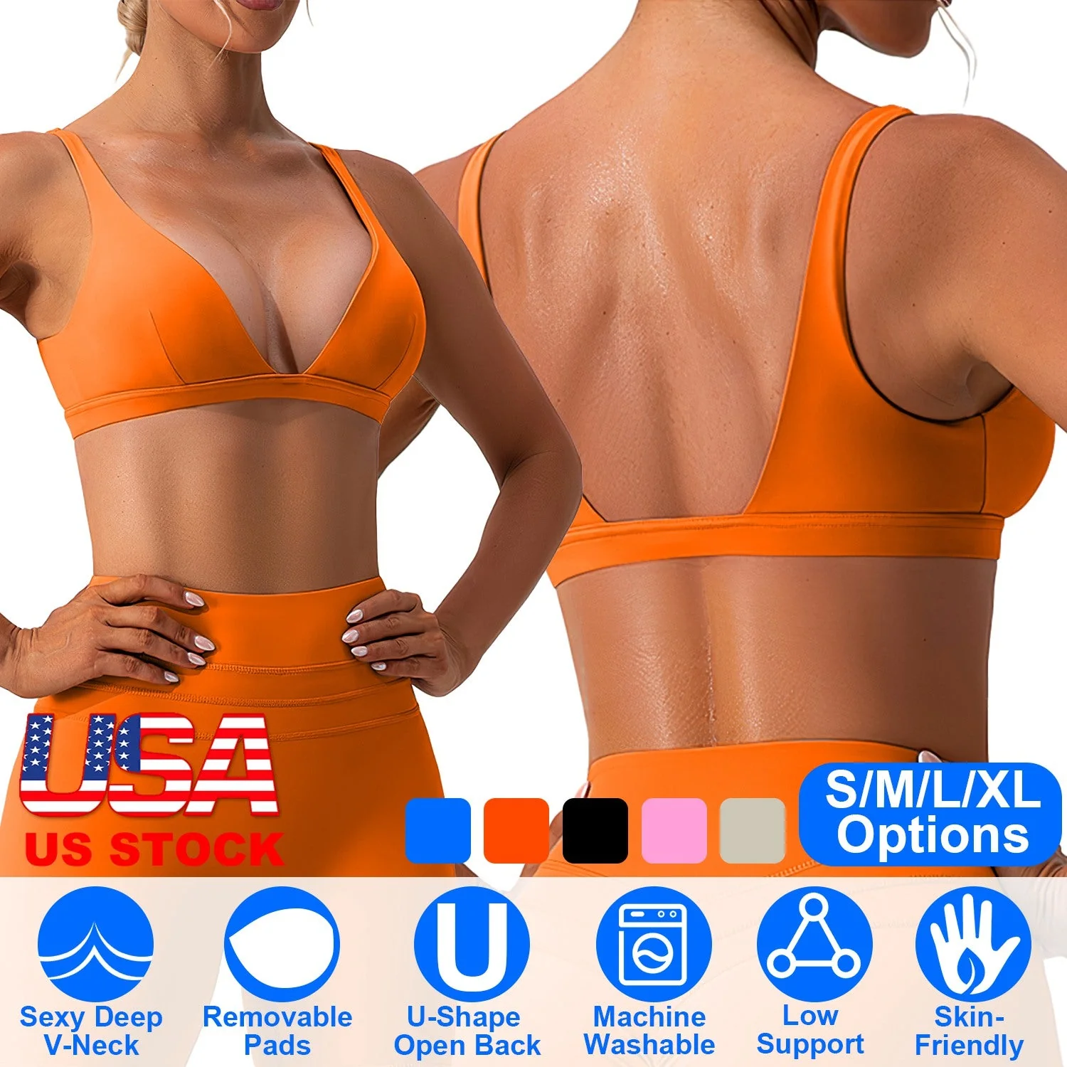 Women Deep V-Neck Sports Bras U-Shaped Back Sport Bras Padded Strappy Crop Open Back Low Impact Bras Sexy Fitness Tank Tops with Removable Pads for Gy - Image 7
