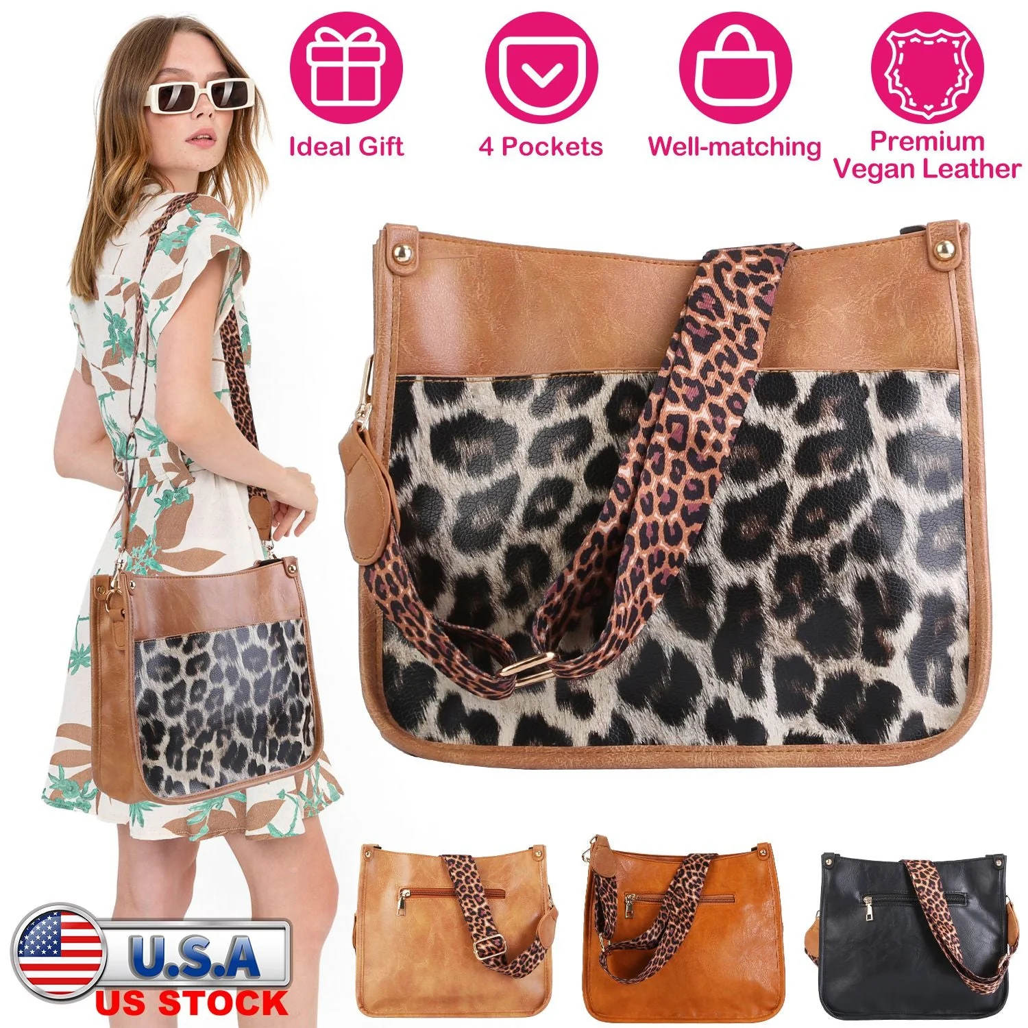 Women Fashion Leather Crossbody Bag Shoulder Bag Casual Handbag with Flexible Wearing Styles Adjustable Guitar Strap - Image 5