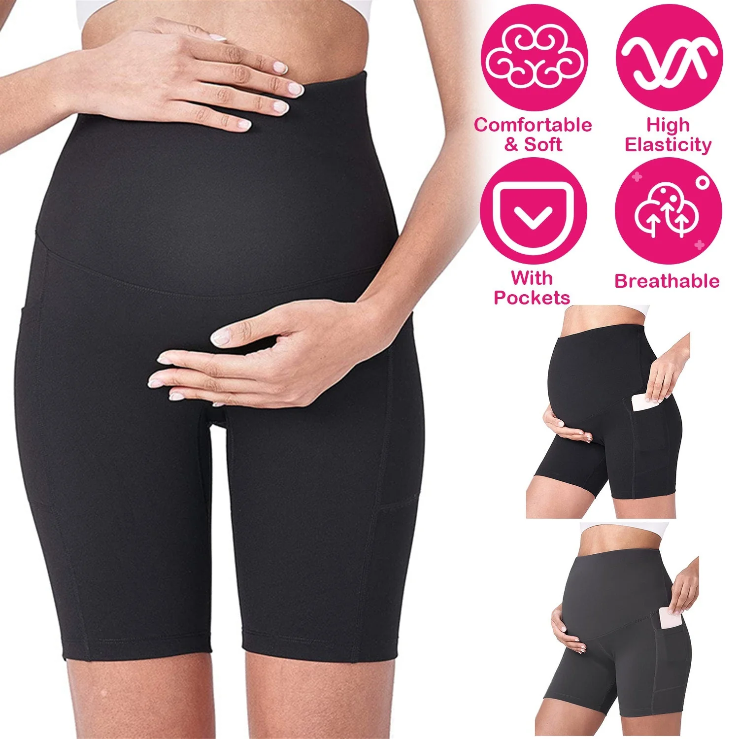 Women Maternity Shorts Seamless Pregnancy Underwear Shapewear Fitness Yoga Running Shorts High Waist Over The Belly Pants with Two Side Pockets - Image 2