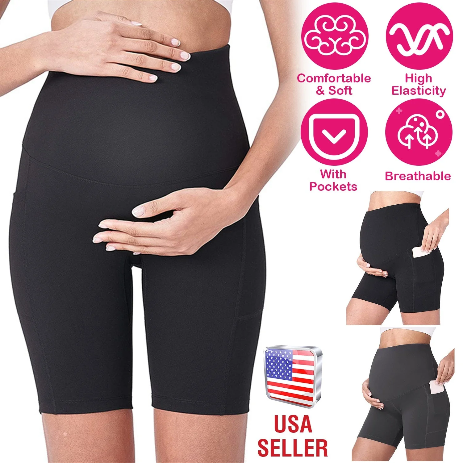 Women Maternity Shorts Seamless Pregnancy Underwear Shapewear Fitness Yoga Running Shorts High Waist Over The Belly Pants with Two Side Pockets - Image 3