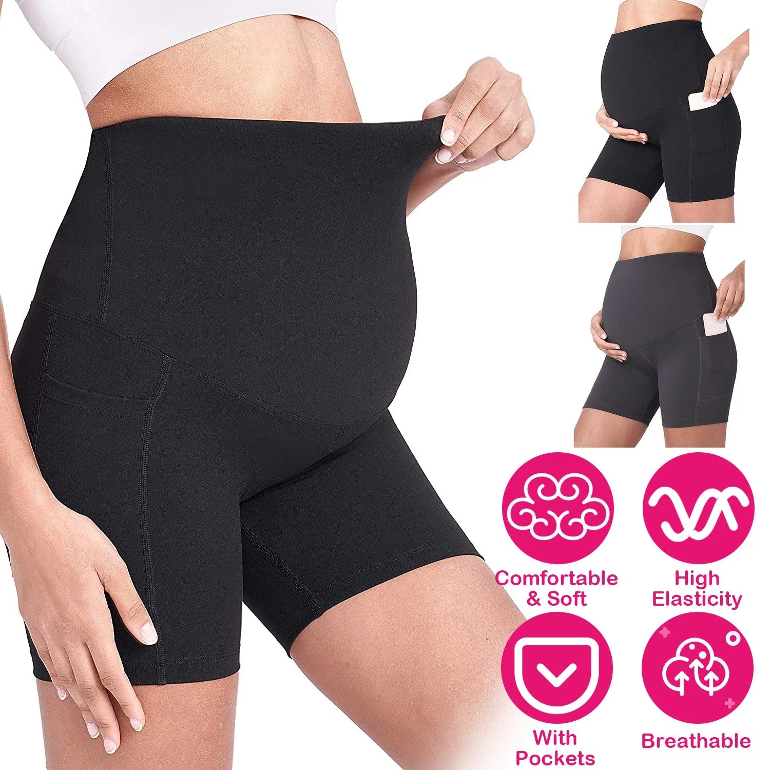 Women Maternity Shorts Seamless Pregnancy Underwear Shapewear Fitness Yoga Running Shorts High Waist Over The Belly Pants with Two Side Pockets - Image 4
