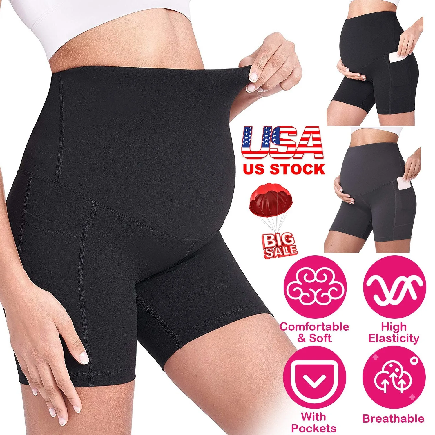 Women Maternity Shorts Seamless Pregnancy Underwear Shapewear Fitness Yoga Running Shorts High Waist Over The Belly Pants with Two Side Pockets - Image 5
