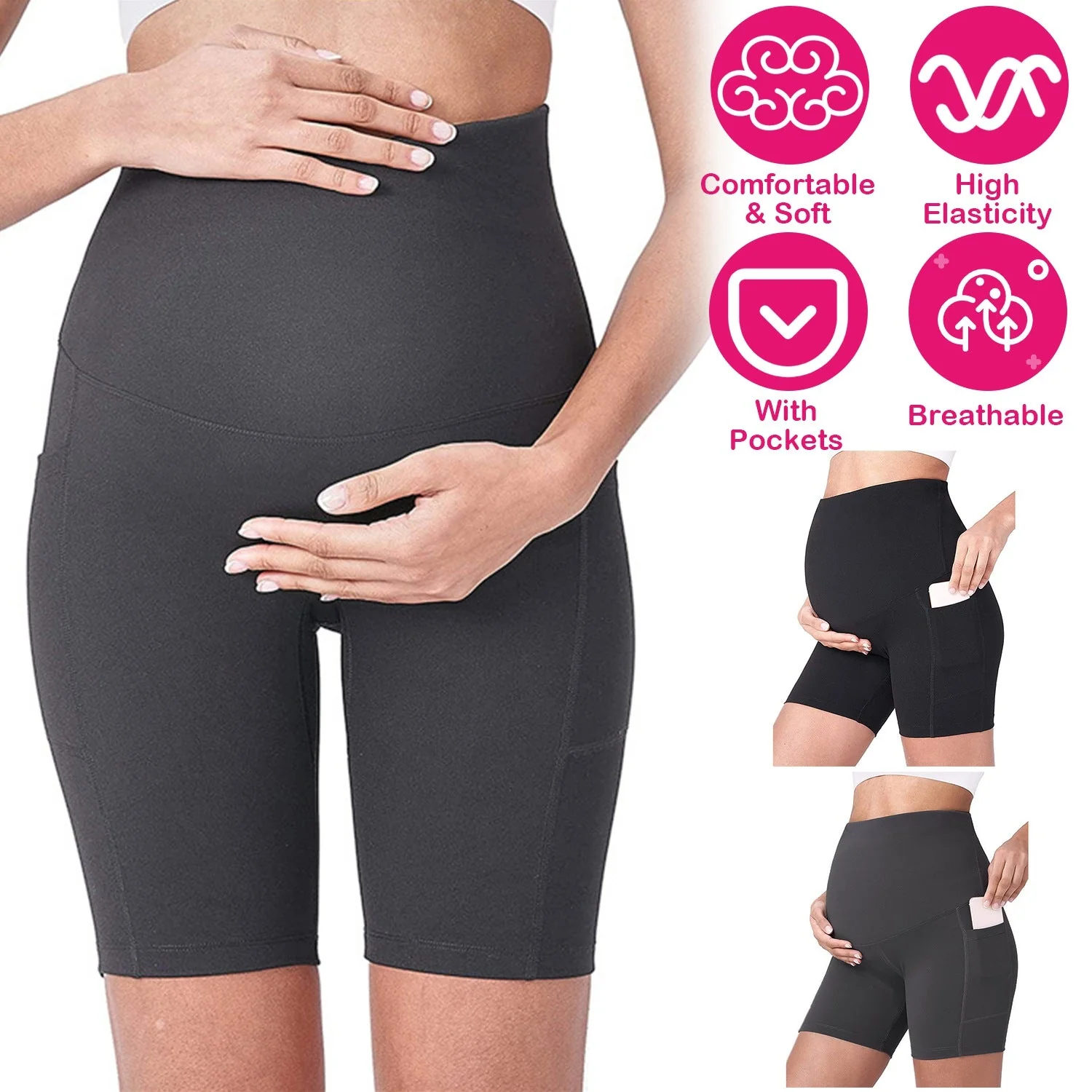 Women Maternity Shorts Seamless Pregnancy Underwear Shapewear Fitness Yoga Running Shorts High Waist Over The Belly Pants with Two Side Pockets - Image 2